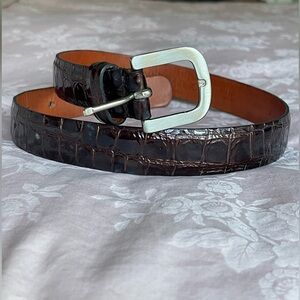 Dark Brown Croc-Embossed Leather Belt with Silver Buckle